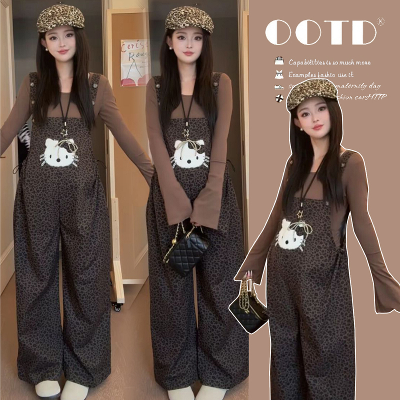 Maternity Suit Early Spring New Style Fashionable Simple Slightly Spicy Sleeve Top Paired with Leopard Print Overalls 2026 Korean Version for Women Maternity Suit Early Spring New Style Fashionable Simple Slightly Spicy Sleeve Top Paired with Leopard Print Overalls 2026 Korean Version for Women