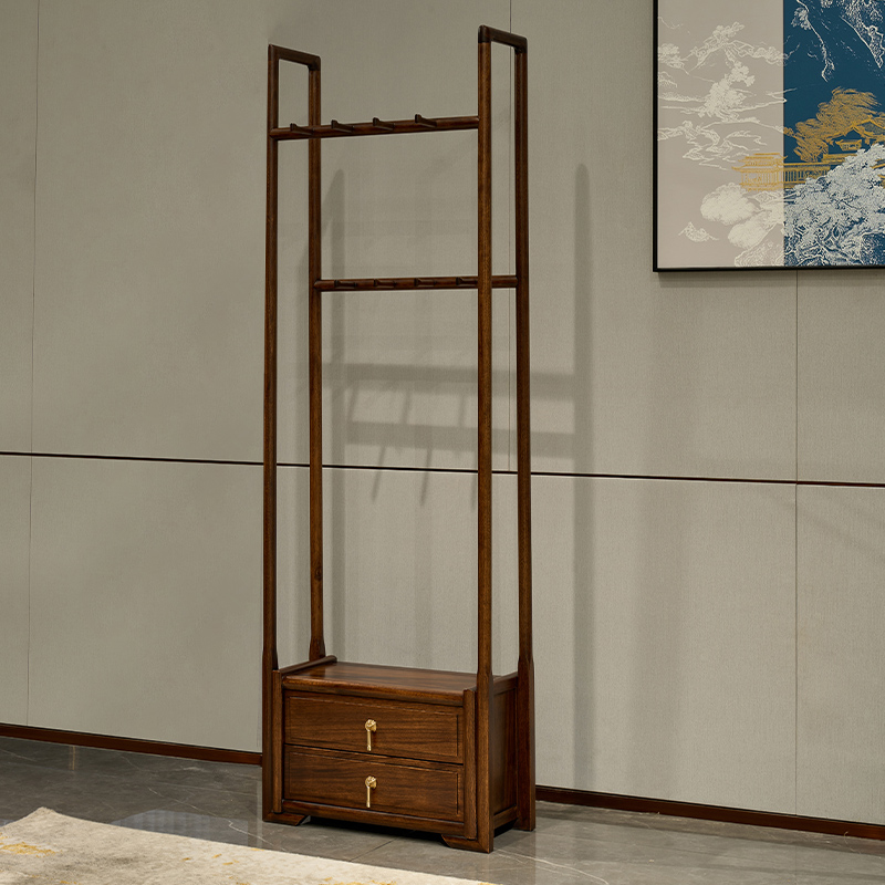 Print Inter love Rigu Suzuki full solid wood clothes hat rack New Chinese black sandalwood hanging clothes hanger double drawers storage furniture-Taobao