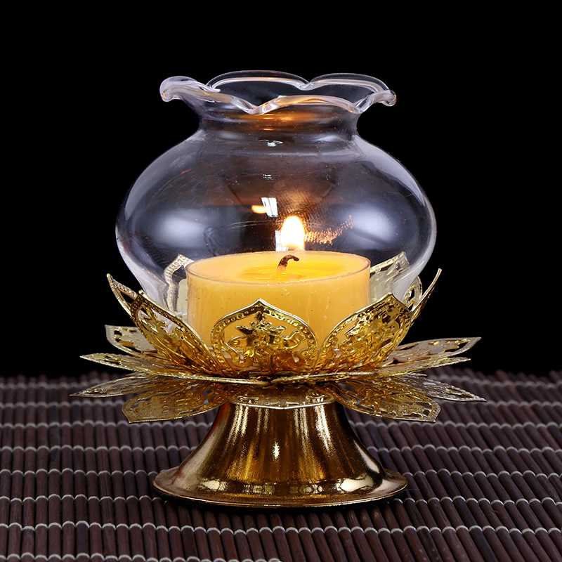 Buddha supplies ghee lamp holder eight auspicious lotus Lotus windproof candle holder household for Buddha long-term light glass lampshade