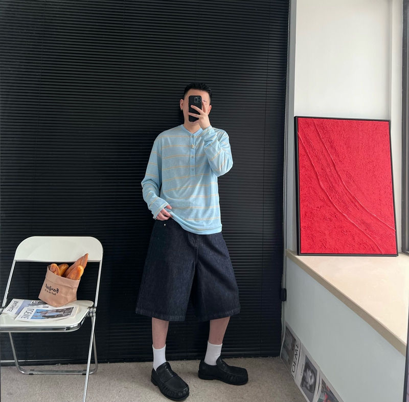 Nhyqshop2026 Summer New Arrival ins Baseball Henry Collar Horn Button Design Striped Long Sleeve Sun Protection T-Shirt for Men Nhyqshop2026 Summer New Arrival ins Baseball Henry Collar Horn Button Design Striped Long Sleeve Sun Protection T-Shirt for Men