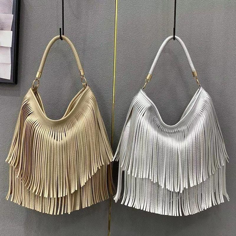 Cross-Border Fashion Personality Tassel Large-Capacity European Summer Bright Silver Gold Trendy Simple Shoulder Handbag Underarm Bag