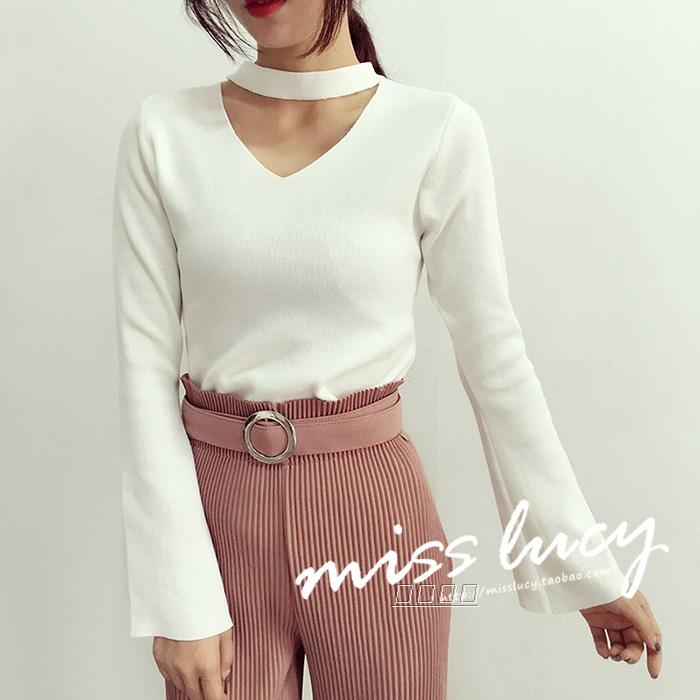 Áo len cổ lọ sang trọng mùa thu siêu tốc áo len nữ 2018 mới tay áo kèn v cổ treo cổ áo mỏng áo len lông thỏ