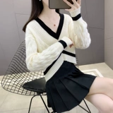 Свитер, модная трикотажная утепленный лонгслив, V-образный вырез, свободный крой, в западном стиле