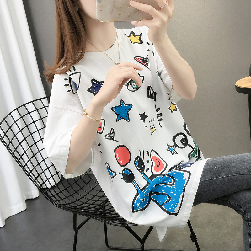 Mùa hè 2020 dài mỏng ròng in cartoon t-shirt của phụ nữ màu đỏ nhỏ thiết kế nhóm cảm giác đang lớn ngắn tay hàng đầu