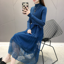 Reduced Age Tandem Dress 2022 Autumn Winter Medium Long Lace Knit Thickened half high collar Korean version of sweater womens underdress damp