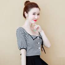 Leaked clavicular heart machine French retro plaid top lapel short jacket foreign chiffon high waist design shirt Women