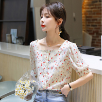 2021 summer new womens small Zou Ju shirt retro square collar short sleeve top hipster floral chiffon shirt Women