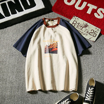 Flame Mountain Summer American Tide Mens Print Short Sleeve T-Shirt Youth Casual Shoulder Sleeve Couple Pullover