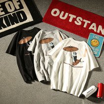 Juggling Cat Summer Japanese Retro Tide Men Short Sleeve T-shirt Cartoon Print Teen Casual Crewneck base shirt