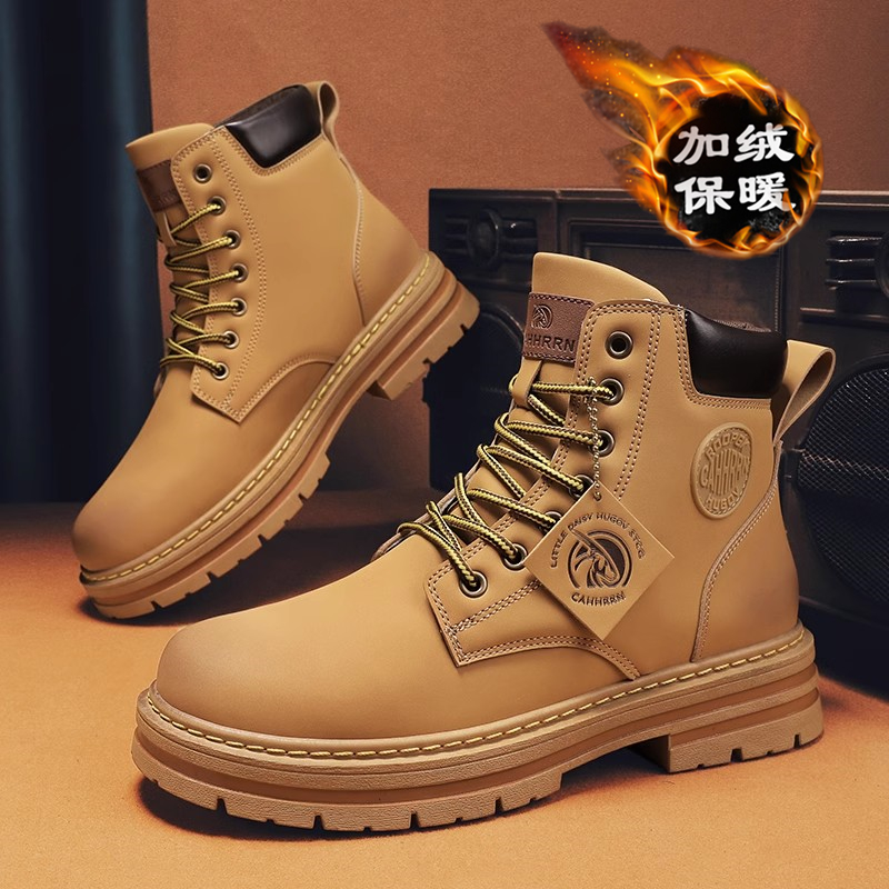 Large bumblebee Martin boots Men's winter season Inlenty wind plus suede thickened warm men's high help with snowy cotton shoes-Taobao