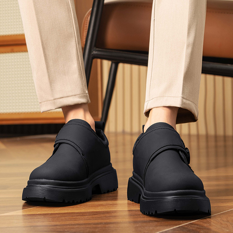 Men's Leather Shoes for Autumn and Winter with Rotating Buckle, Business Formal Thick-Soled Derby Shoes, Men's Casual Low-Top Martin Boots