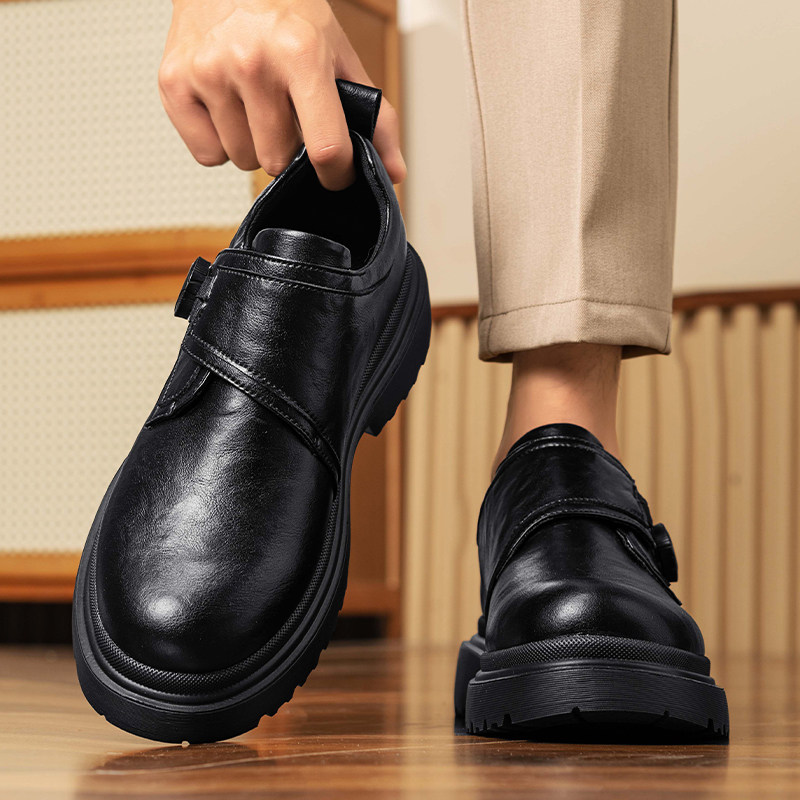 Men's Leather Shoes for Autumn and Winter with Rotating Buckle, Business Formal Thick-Soled Derby Shoes, Men's Casual Low-Top Martin Boots