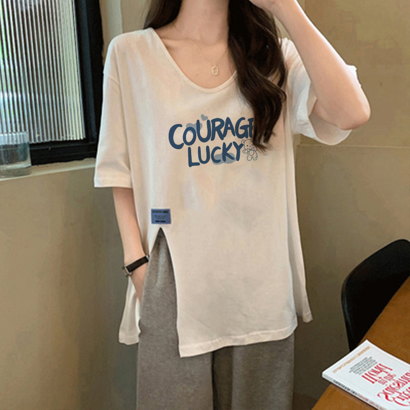 Maternity Wear Pure Cotton V-Neck Short-Sleeved T-Shirt for Women, Loose-Fitting, Mid-Length, Age-Reducing Outer Wear Top That Covers the Belly and Does Not Reveal Pregnancy