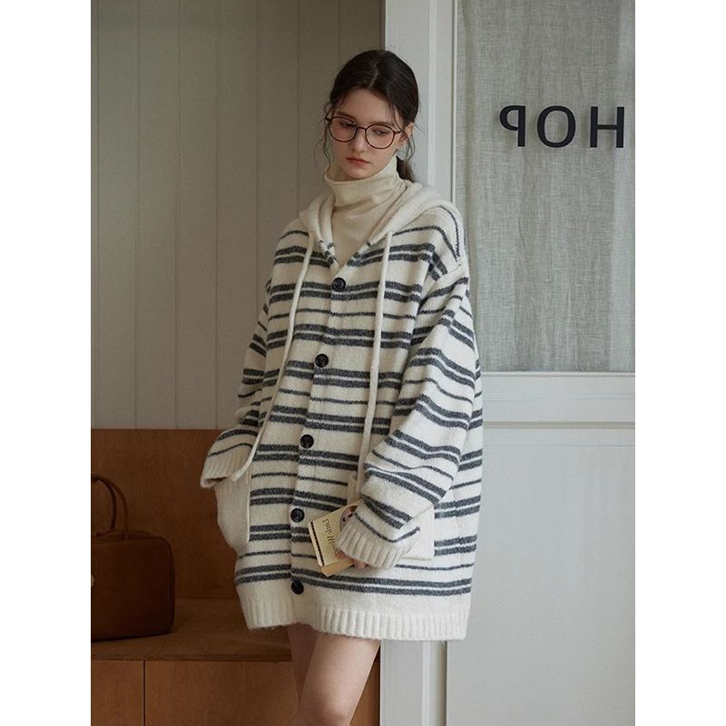 Maternity Wear Striped Hooded Sweater Jacket for Women 2025 Autumn and Winter Korean Style Loose Fit Non-Obtrusive Knit Cardigan