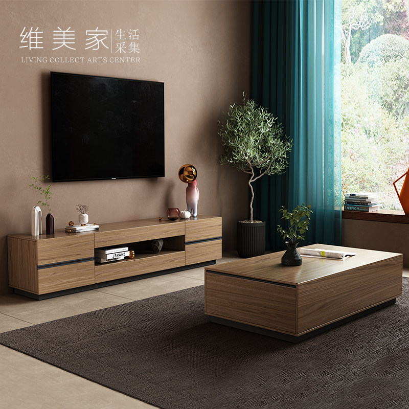 Nordic TV cabinet simple modern log color storage living room TV floor cabinet coffee table TV cabinet combination