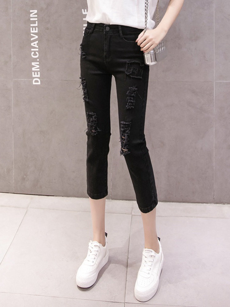 Seven-point jeans women's summer new black personality hole beggar pants tide students high waist thin tight narrow tube pants