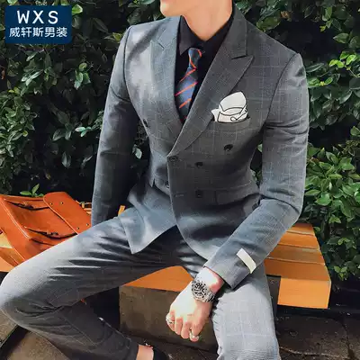 Suit suit male Korean slim plaid hair stylist nightclub double-breasted British style groom wedding dress formal