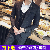Suit suit mens three-piece Korean slim plaid groom wedding best man dress casual professional dress to work