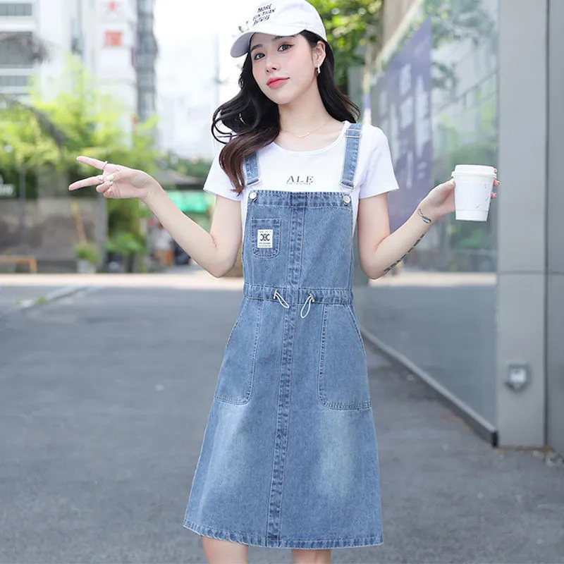 Waist-Cinching Slimming Denim Suspender Dress, Summer Thin Style, 2025 New Popular Mid-Length Tie-Up Strap Dress