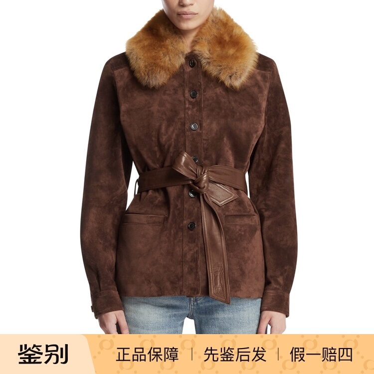 Brown Sheepskin One-Piece Leather Jacket Saint Laurent Ysl Saint Laurent 2026 Autumn/Winter Women's