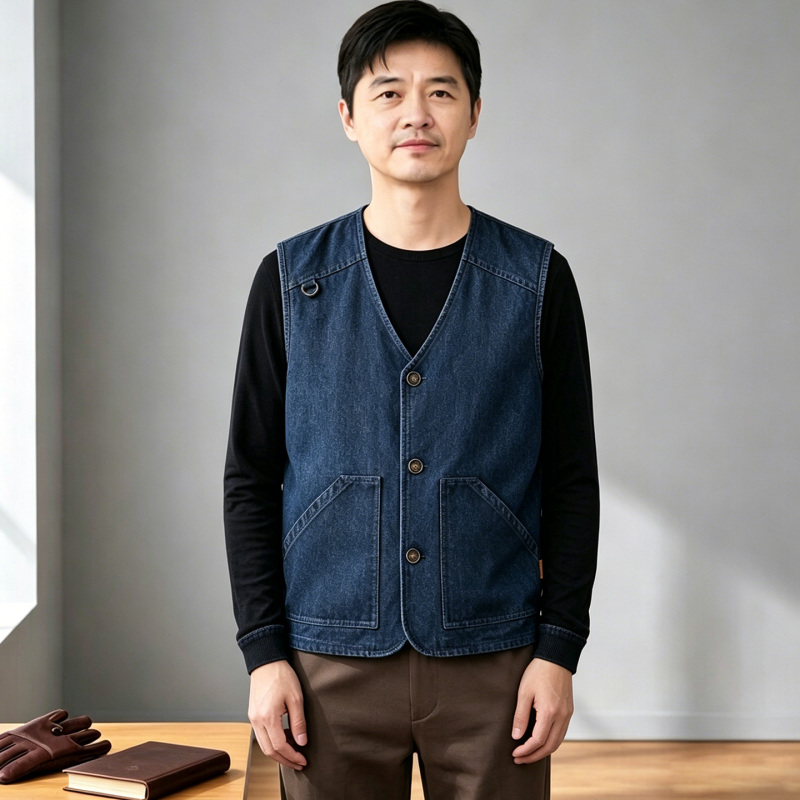 Men's New Autumn Denim Vest, Pure Cotton, Loose Fit for Middle-Aged and Elderly, High-End Feel, 2026 New Style Dad Vest Men's New Autumn Denim Vest, Pure Cotton, Loose Fit for Middle-Aged and Elderly, High-End Feel, 2026 New Style Dad Vest