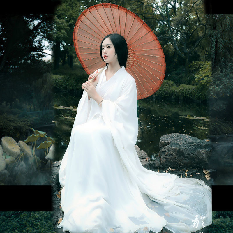 Ancient-Style Women's Hanfu Original Design, Wei and Jin Dynasty Style, Ethereal and Flowing Chiffon White Wide-Sleeved Long Dress, Classical Dance Performance Costume