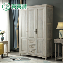 Xixi sleep American solid wood wardrobe American country 3-door wardrobe Antique old high-grade gray bedroom furniture