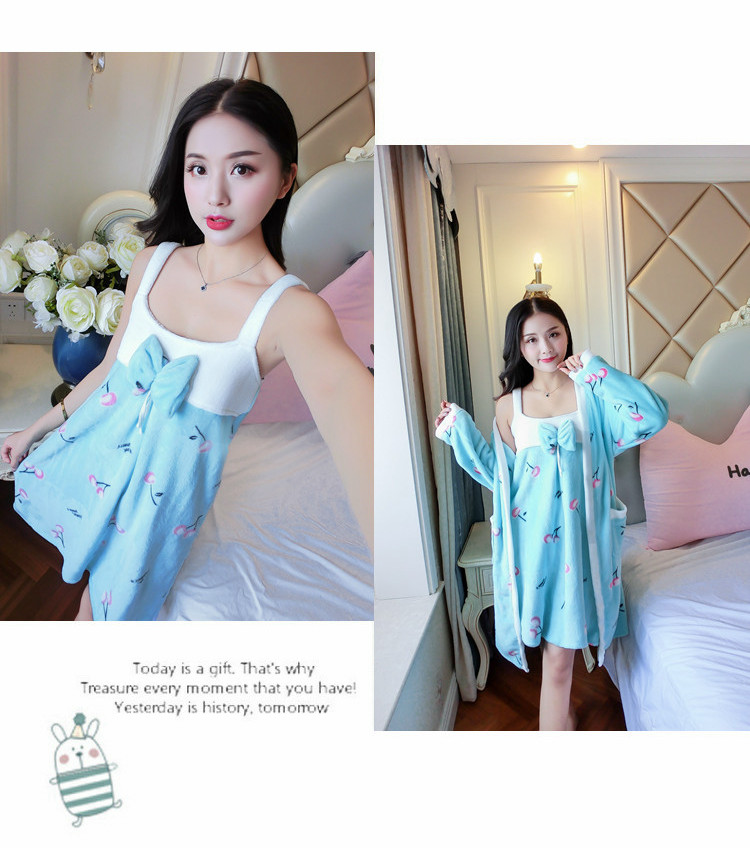 Coral flannel áo hai mảnh áo choàng tắm cho phụ nữ treo váy ngủ mùa đông dày đồ ngủ dài dịch vụ nhà áo đầm đẹp