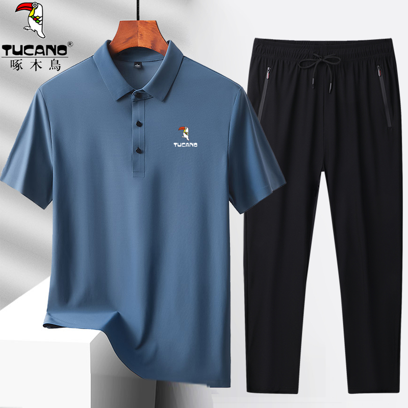 Woodpecker Summer Ice Silk Three-Piece Set Polo Shirt Long Pants Quick-Dry Sports Suit Dad's Three-Piece Casual Suit Woodpecker Summer Ice Silk Three-Piece Set Polo Shirt Long Pants Quick-Dry Sports Suit Dad's Three-Piece Casual Suit