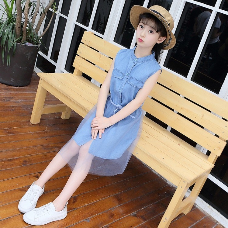 Cô gái denim cài áo 667 88 112 vừa trẻ em mùa hè váy 13 girlprincess váy 10-15 tuổi.