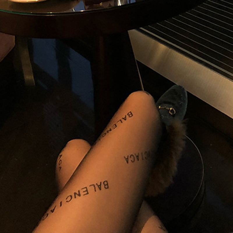 European and American Style Letter Print Pantyhose, Sexy Ultra-Thin Black Stockings, Trendy and Versatile Anti-Snag Stockings for Women