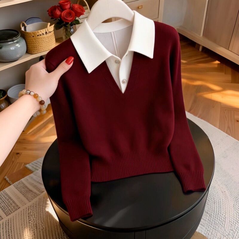 Fake Two-Piece Knitted Sweater for Women, Long-Sleeved, 2026 Autumn New Style, Korean-Style Sweater Jacket, Base Layer, Early Autumn Top Fake Two-Piece Knitted Sweater for Women, Long-Sleeved, 2026 Autumn New Style, Korean-Style Sweater Jacket, Base Layer, Early Autumn Top