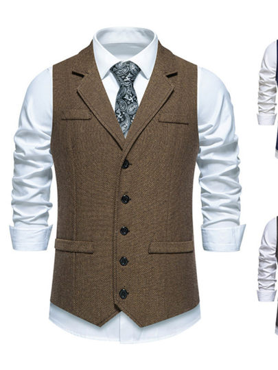 Men's Herringbone Tweed Suit Jacket, Vintage Lapel, Single-Breasted, Solid Color, Niche Design Vest