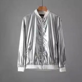 Gold and Silver Thin Jacket for Men and Women, Personalized Reflective Stylish Beautiful Shiny Leather Jacket, Four-Season Performance Outfit Two-Piece Set, Trendy