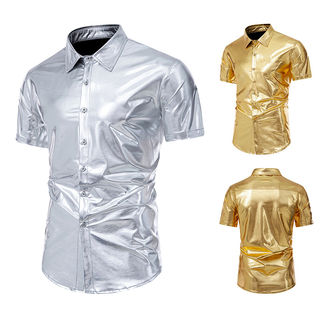 Men's Glossy Nightclub Disco Short-Sleeve Shirt 2024 New Solid Color Simple Style Performance Shirt Casual Trendy