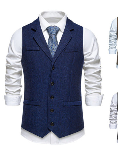 Men's Herringbone Tweed Suit Jacket, Vintage Lapel, Single-Breasted, Solid Color, Niche Design Vest
