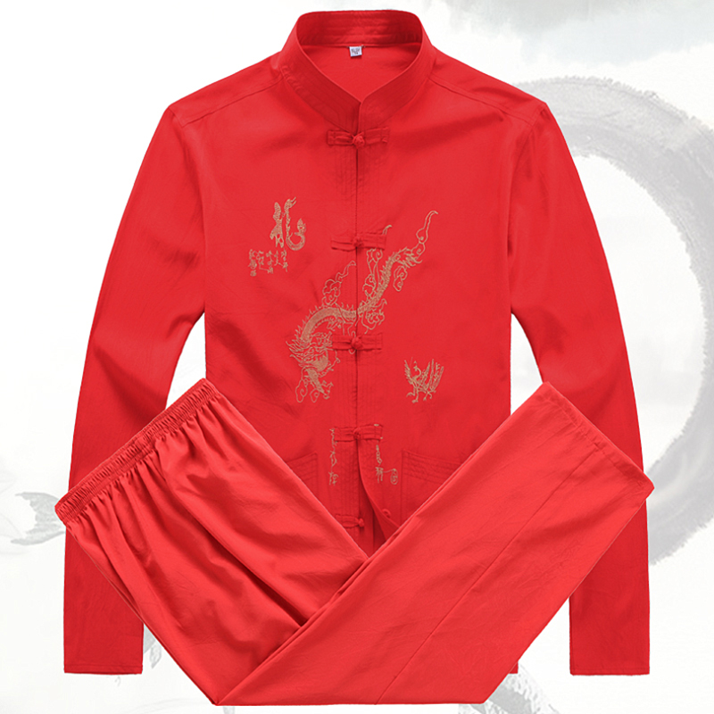 Spring Autumn Personality Embroidery Dragon Pattern Long Sleeve Suit Middle-aged Man Red Ben Life Two Sets Men Seniors Trend