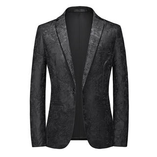 British Retro Blazer for Men, Casual and Stylish, Single-Breasted, Black Base with Floral Pattern Print, Suit for Young and Middle-Aged Men