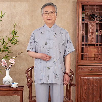 Xia mỏng Tang ăn mặc nam rồng thêu lớn màu đỏ ngắn tay phù hợp với tuổi trung niên người già quần áo đời ông nội gió Trung Quốc này