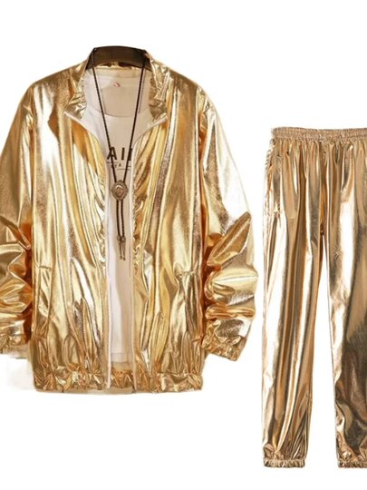 Gold and silver thin coats for men and women, reflective, handsome, beautiful and bright leather jackets, four-season performance clothes, two-piece trendy sets
