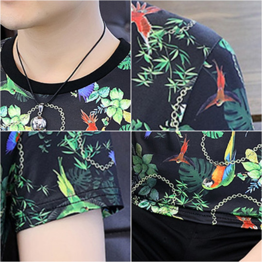 Thin, cool and breathable round neck short-sleeved T-shirt for men, Chinese style flower and bird print, social boy, half-sleeved casual wear, trendy