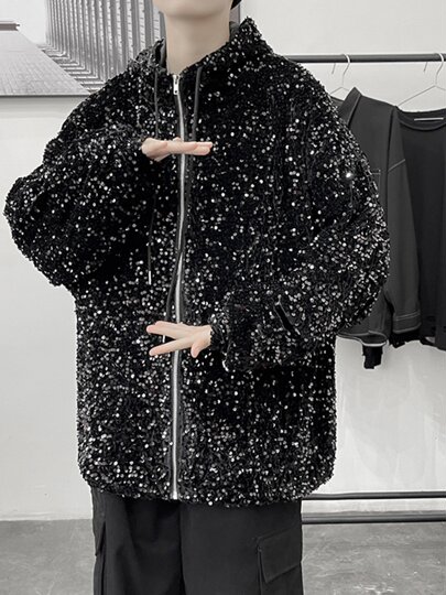 Performance Clothing Youth Sequin Street Dance Casual Top Fashionable Cool Men's Stage Hooded Loose Jacket