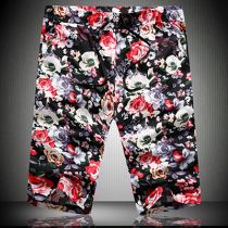 Summer small flower color matching Capri pants mens red rose shorts elastic beach color casual pants