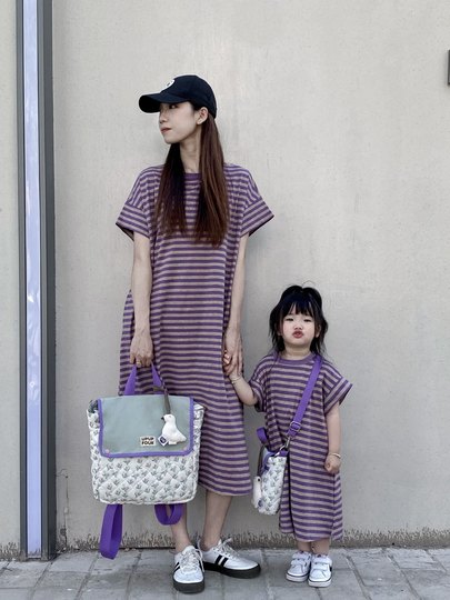 Trendy Family Matching Outfits for Summer: Striped T-Shirts for a Family of Three, Stylish Purple Boys' Sets, Mother-Daughter Short-Sleeve Dresses