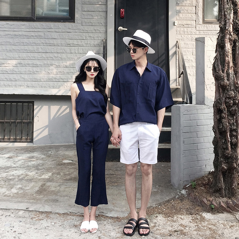 Couples summer wear couples style set summer temperament camisole vest women loose short sleeve shirt set men