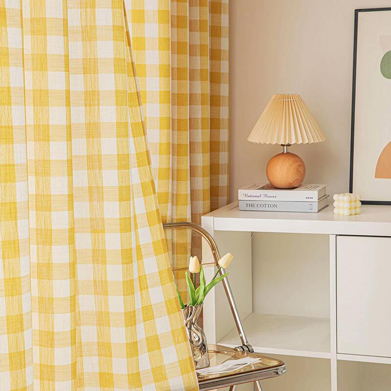 Fresh Plaid Curtains Modern Simple Fashion Checkered Pattern Children's Room Bedroom Semi-Blackout Sheer Curtains Dopamine