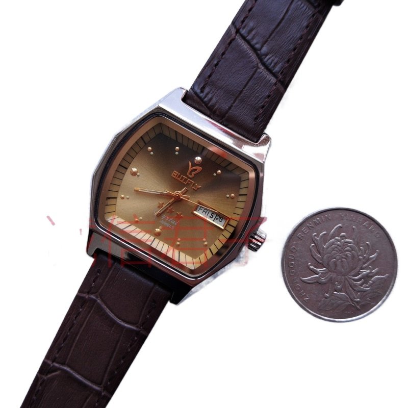Antique Stock Xi'an Handwatch Factory Butterfly Wine Barrel Type Finger-type mechanical meter core genuine leather fine steel double calendar male meter
