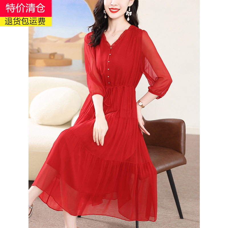 Mom's Silk Dress Spring/Summer 2025 New High-End Brand Mulberry Silk Dress High-End Fashion Big-Name Red Dress