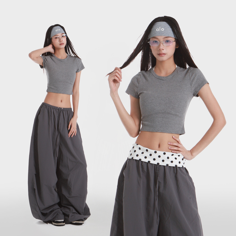 Lin Xiaohua Basic Versatile Dark Gray Crop Top Short-Sleeve T-Shirt for Women, Summer Tight-Fitting Jazz Dance Short Top with Exposed Waist