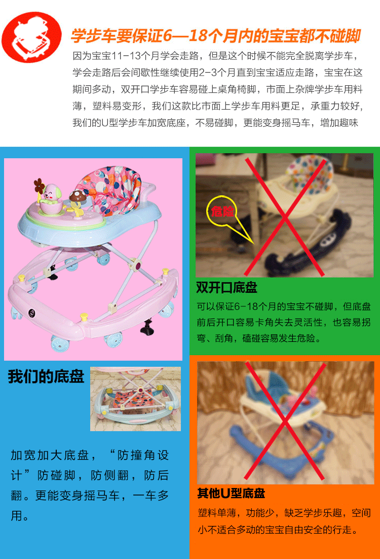 Bé sơ sinh con toddler walker 6 7-18 tháng đa chức năng chống rollover tay đẩy có thể mất các dòng trường với âm nhạc xe đạp đẩy cho bé